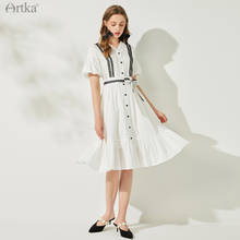 ARTKA 2021 Summer New 100% Cotton Elegant V-Neck Lantern Sleeve White Dresses Women Ruffle Midi Shirt Dress With Belt LA22518X 2024 - buy cheap