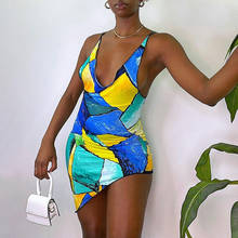 BKLD 2021 Summer Women Clothing New Fashion Patchwork Blue Sleeveless V-Neck Irregular Slim Dress Party Sexy Club Outfits 2024 - buy cheap