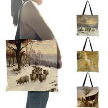 Bolso grande con estampado de Animal en la nieve para mujer, bolsa de compras reutilizable con estampado de ciervo, conejo, doble cara, plegable, B13169 2024 - compra barato