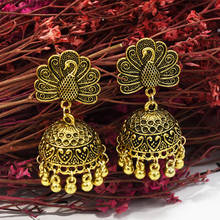 Brincos de pavão indiano, joias étnicas femininas coloridas de ouro, boho tribe vintage, brincos suspensos jhumka 2024 - compre barato