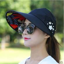 Summer Women Sun Hats with Flower Pearls Wide Brim Foldable Floppy Cap Outdoor UV Protection Female Ponytail Beach Hat 2024 - buy cheap