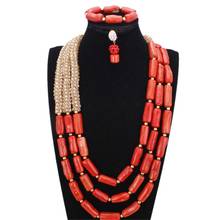 Dudo Bridal Jewelry Set 12-13mm Nature Coral Beads +Crystal Gold Necklace Set 3 Layers Orange / Red / Green African Wedding Set 2024 - buy cheap