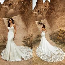2021 Fashion Wedding Dresses Sweetheart Appliques Lace Satin A Line Bridal Gowns Open Back Sweep Train Wedding Dress 2024 - buy cheap
