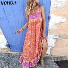 S- Women Summer Party Maxi Dress VONDA 2021 Sexy Sleeveless Vintage Floral Print Ruffled Dresses Loose Bohemian Vestidos 2024 - buy cheap