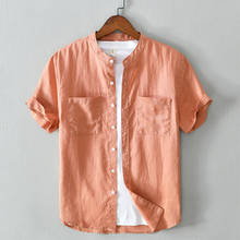 Camisa de marca de lino para hombre, camisa lisa con cuello levantado, informal, transpirable, con bolsillos dobles, novedad de verano, 100% 2024 - compra barato