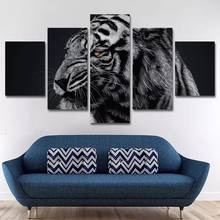 Pintura de tela estilo moderno com 5 painéis de animais, preto e branco, tigre, poster e impressões, imagens para parede, para decoração de sala de estar 2024 - compre barato
