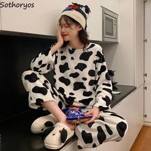 Women Pajama Sets Long Sleeve Top and Pants Thicken Cows Print Soft Warm Females Leisure Chic Loose Lovely Home Sleepwear Trendy 2024 - buy cheap