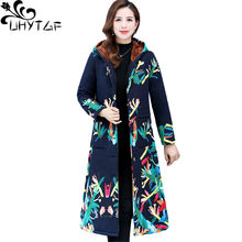 UHYTGF Mid-Length Winter Cotton Coat Women Fashion Printed Hooded Thicken Warm Jacket Parker Female Loose Plus Size Outwear 1958 2024 - buy cheap
