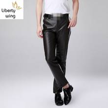 Men Luxury Cowskin Motorcycle Large Size Straight Genuine Leather Trousers New Warm Slim Fit Business Casual Pants 2024 - buy cheap
