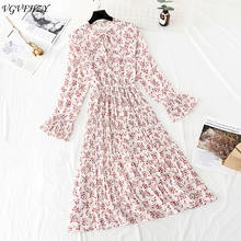 2020 women dress elegant floral print mid calf stylish Chiffon dress long sleeve bow tie A-line dresses female vintage vestid 2024 - buy cheap