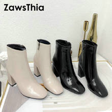 Женские ботинки из искусственной кожи белого и черного цвета; удобные ботильоны на высоком квадратном каблуке; ботинки на молнии; сезон осень-зима; женская обувь; размеры 44, 45 2024 - купить недорого