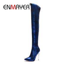 Женские облегающие сапоги выше колена ENMAYER, синие сапоги до бедра на высоком каблуке, большой размер 34-43, с острым носком, оптовая продажа, CR716 2024 - купить недорого