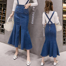 Fashion Slim Dark Blue Denim Fishtail Skirt Mid-Length Slit Spring Autumn Women's High Waist Strap Long Jeans Saias Jupe y1481 2024 - buy cheap