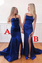 2021 Royal Blue Mermaid Satin Prom Dresses Spaghetti Straps High Split Backless Formal Party Sleeveless De Soiree Gowns Robe 2024 - buy cheap