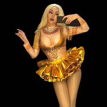 Gold Party Celebration Performance Costumes Women Sexy Rhinestone Bodysuit + Bubble Skirt Nightclub DJ Dance Stage Outfit Sets 2024 - buy cheap