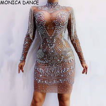 Women Sexy Stage Transparent Dress Sparkly Silver Rhinestones Women Birthday Celebrate Mesh Outfit Bar Singer Dancer Dresses 2024 - buy cheap