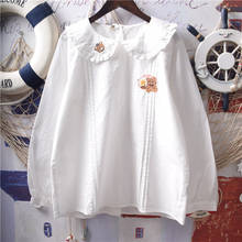 Женская блузка с вышивкой медвежонка, белая хлопковая блузка с воротником «Питер Пэн» в японском стиле 2024 - купить недорого