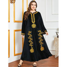 4XL зимнее теплое женское вельветовое длинное платье макси с вышивкой, свободный кафтан, турецкий джилбаб, Дубай, кафтан, марокканская, Исламская одежда 2024 - купить недорого