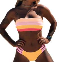 Women Sexy 2 Piece Rainbow Striped Bikini Set Strapless Bandeau Tube Top Padded Swimsuit Low Waist Thong Bathing Suit 2024 - buy cheap