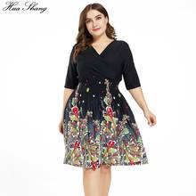 Vestido Midi informal de talla grande para mujer, vestido negro de media manga con cuello de pico y estampado Floral, Túnica de cintura alta, 7XL 2024 - compra barato