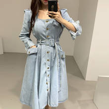 Chic Women Long Sleeve Square Collar Single-Breasted Blue Jeans Dress 2020 New Spring Pocket Midi A-Line Denim Sashes Dress 2024 - buy cheap