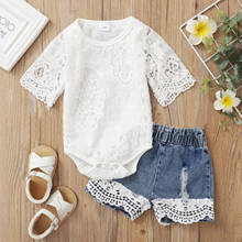 40# Newborn Summer Clothes Suit Baby Girls Solid Color Lace Short Sleeve Romper Tops T-shirts +denim Jeans Shorts Outfit Sets 2024 - buy cheap