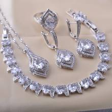 Bridal jewelry Silver Color Jewelry Sets White Zircon For Women Wedding Bracelet Set Earrings Ring Christmas Gift QS0608 2024 - buy cheap