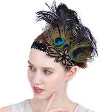 Chapéus fascinator pavão penas acessórios para o cabelo lantejoulas preto faixa de cabeça festa feminino enfeite de penas cacheado 2024 - compre barato
