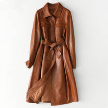 Jaqueta vintage de couro genuíno 2020, casaco de pele de carneiro feminino longo, jaqueta corta-vento de couro real para primavera e outono 100% 2024 - compre barato