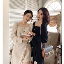Korean 2021 Autumn Elegant Dress Women Casual Office Lady Midi Dresses Chic Square Collar Long Sleeve Sexy Party One Piece Dress 2024 - buy cheap
