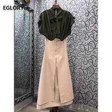 2020 Summer Fashion Skirt Suit Women Bow Collar Green Shirt Tops+Mid-Calf Length High Waist Skirt Set Ladies Casual Work Suits 2024 - buy cheap
