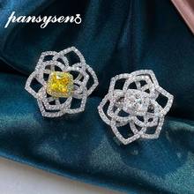 PANSYSEN Luxury Flower Design Solid 925 Sterling Silver 5x5MM Created Moissanite Citrine Gemstone Cocktail Party Ring Wholesale 2024 - buy cheap