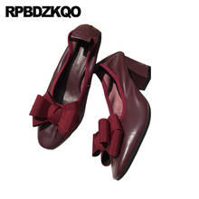 Blue 2021 Square Toe Wine Red Bow Genuine Leather Female Thick Pink Shoes Women Size 4 34 Pumps Sweet Medium Heels Gun Color 2024 - buy cheap