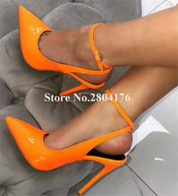 Spring Fashion Pointed Toe Patent Leather Stiletto Heel Pumps Pink Orange Shining Ankle Strap High Heels Dress  Shoes 2024 - buy cheap