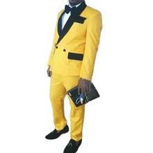 Esmoquin de novio amarillo de doble botonadura para hombre, conjunto de trajes de negocios para fiesta de graduación con cuello de terciopelo negro (chaqueta + Pantalones + pajarita) H:038 2024 - compra barato