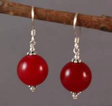 Free Shipping  Lovely tibet 12mm red Natural jade bead dangle 925 silver hook earrings 2024 - buy cheap