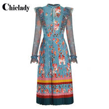 CHICLADY runway designer style blue floral printed lace ruched pleated midi dress party long sleeve spring new vestido de mujer 2024 - buy cheap