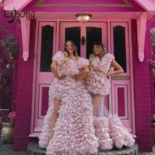 2020 модное милое розовое многослойное Тюлевое платье с оборками для выпускного вечера, сексуальное Пышное Платье с разрезом по бокам, вечернее платье с короткими рукавами 2024 - купить недорого