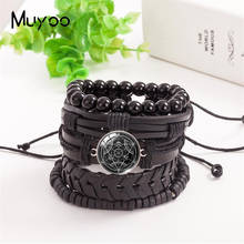 Pentagrama mágico preto 5 wireless estiloso pingente pentagrama de vidro cabochão couro masculino pulseira amuleto 2024 - compre barato