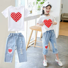 Girls Clothes Set Summer Teens Kids Clothing Children Sports Suit Short T-shirt+Jeans Shorts Girls Outfits 4 6 8 10 12 13 Years 2024 - buy cheap
