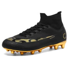 Chuteira de futebol com cano alto, masculina e feminina, preto dourado 2024 - compre barato