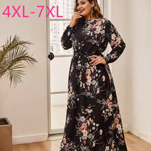 Vestido longo feminino, vestido folgado de manga longa plus size, para primavera e outono, preto, floral, estampa de flor, cinto 3xl 4xl 5xl 6xl 2024 - compre barato