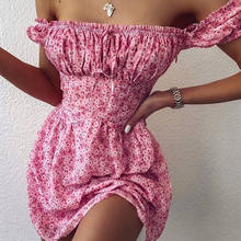 Vestido de verano rosa con estampado Floral para mujer, minivestido informal con cuello de barco, Sexy, sin hombros, Vintage, para fiesta, 2021 2024 - compra barato
