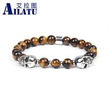 Ailatu Classic Men's Jewelry Stainless Steel Double Skull Bracelet with 8mm Natural Tiger Eye Stone Beads Not Fade 2024 - buy cheap