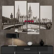 Pósteres sobre lienzo de Arte de pared para sala de estar, pintura Modular de pared Retro de Londres, Big Ben, autobús rojo, decoración del hogar, 4 paneles, Unframe 2024 - compra barato