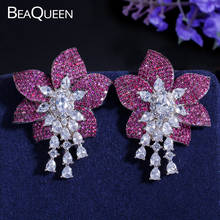 BeaQueen Luxury Big Geometry Flower Micro Paved Rose Red Cubic Zirconia Big Drop Dubai Earrings Wedding Jewelry for Women E265 2024 - buy cheap