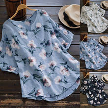 Camisa túnica feminina estampada floral plus size, camisa de linho vintage causual, decote v solto, meia manga, 4xg 2024 - compre barato