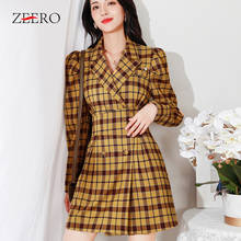 Vestido blazer xadrez vintage, vestido feminino com lapela e manga bufante, moda outono e inverno 2024 - compre barato