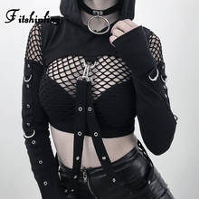 Fitshinling Gothic Dark Autumn Crop Top Hooded Sweatshirt Female Grunge Slim Black Belt Slim Sexy Hoodies Long Sleeve Hoody Sale 2024 - buy cheap