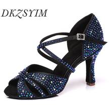 DKZSYIM  Women's Latin Dance Shoes Satin Blue Salsa Sandals Rhinestone Buckle  Shining  Training Perform Shoes 6-10CM 2020 2024 - buy cheap